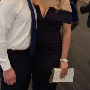 Off The Shoulder V-Neck Navy Sheath  size S